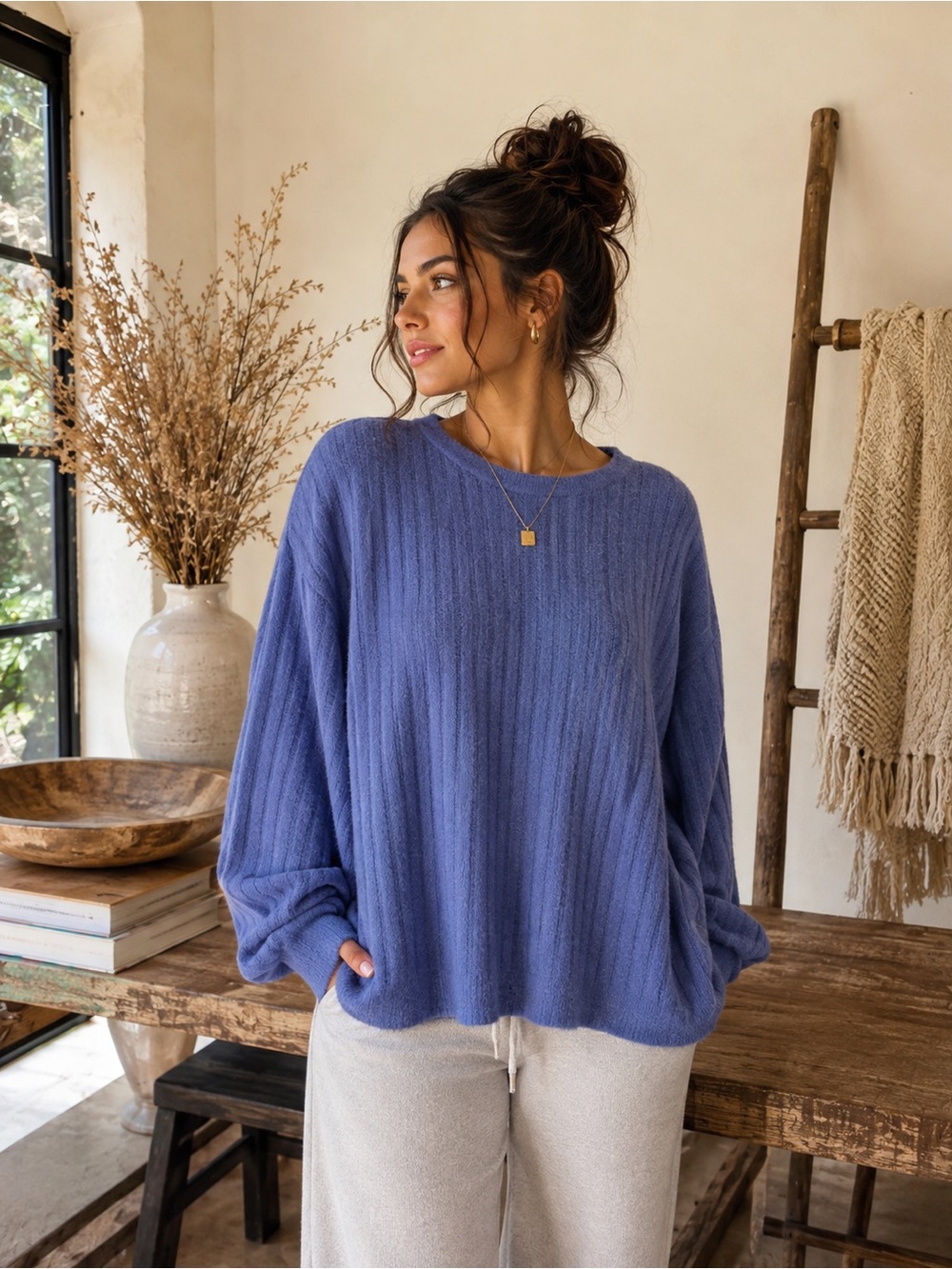 Aerie Blue Oversized Crewneck Sweater | Soft Cozy
Knit | Women's XL
